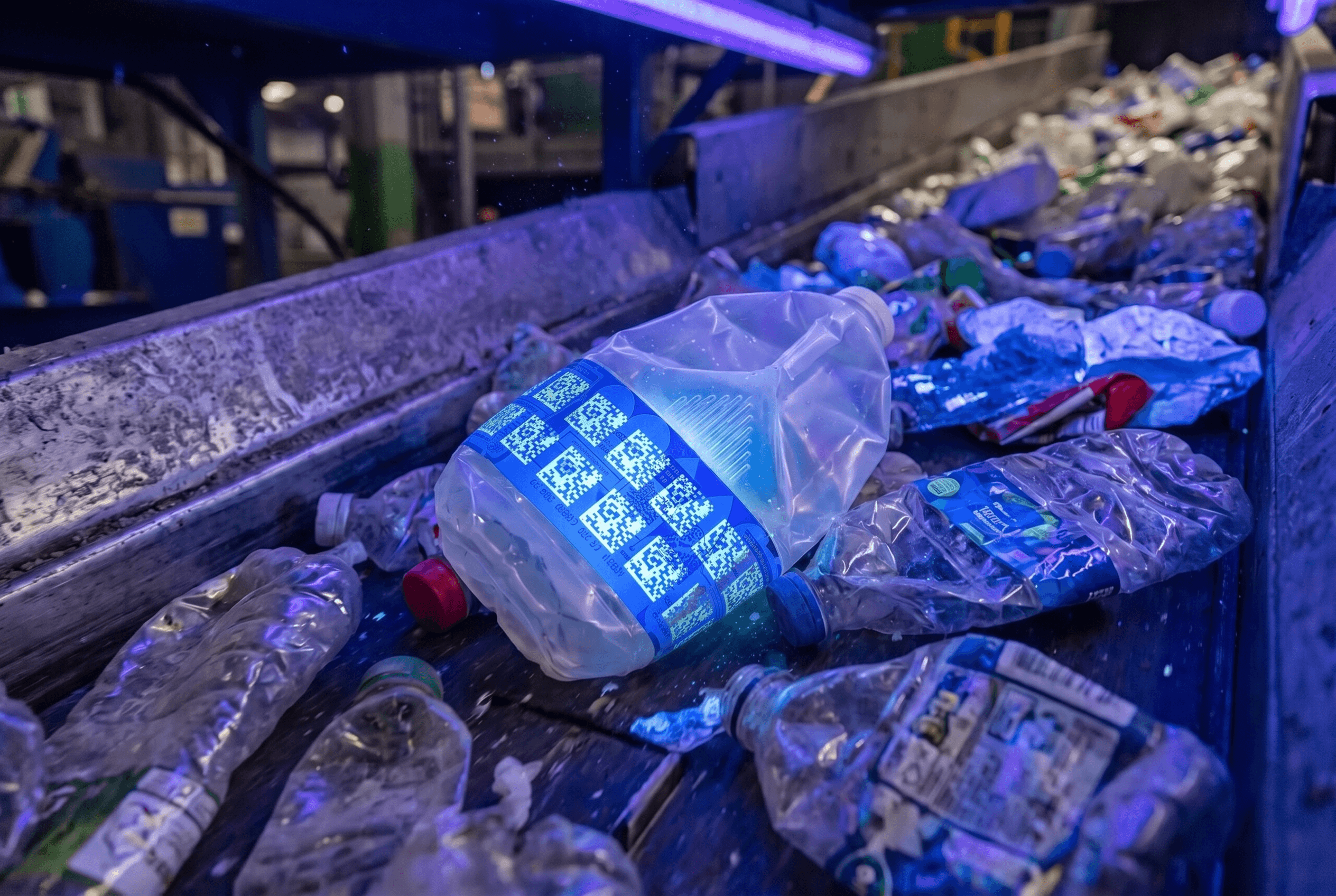 Tagged packs glowing under UV light on a recycling line